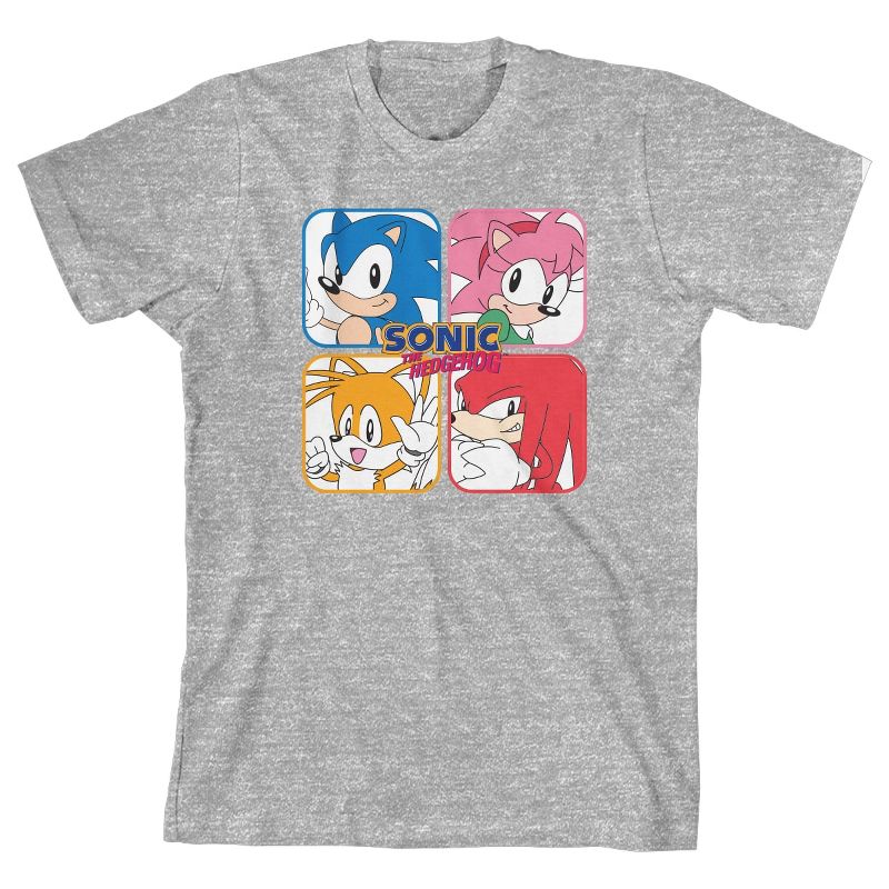 Sonic The Hedgehog Characters Squares Boy's Athletic Heather T-shirt, 1 of 3