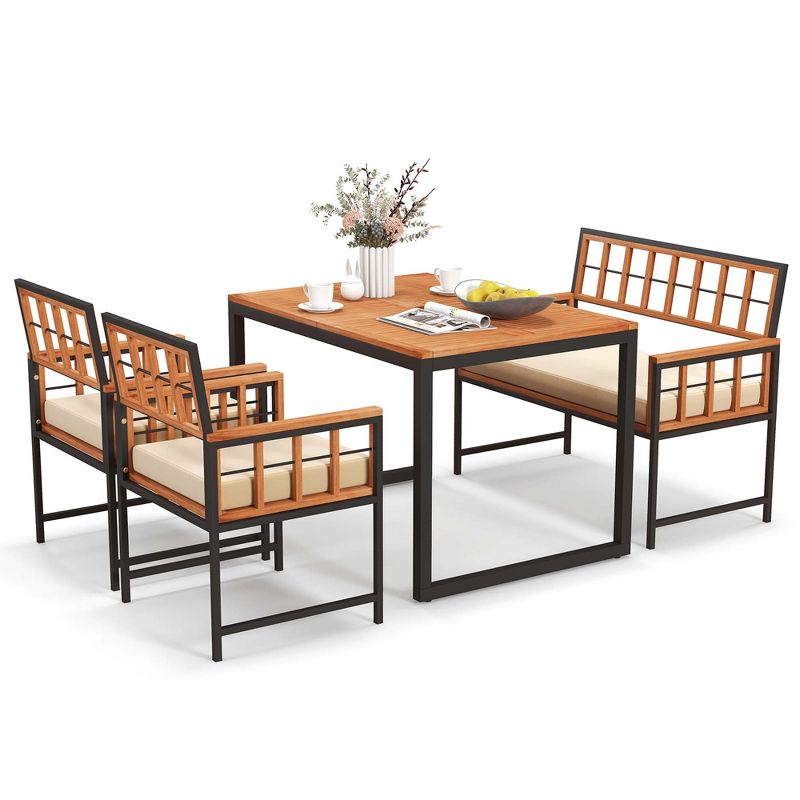 Costway 4 Piece Patio Dining Set Outdoor Wood Dining Furniture with 2 Chairs & 1 Lovesea, 2 of 10