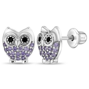 Girls' Hoot CZ Owl Screw Back Sterling Silver Earrings - In Season Jewelry - 1 of 4