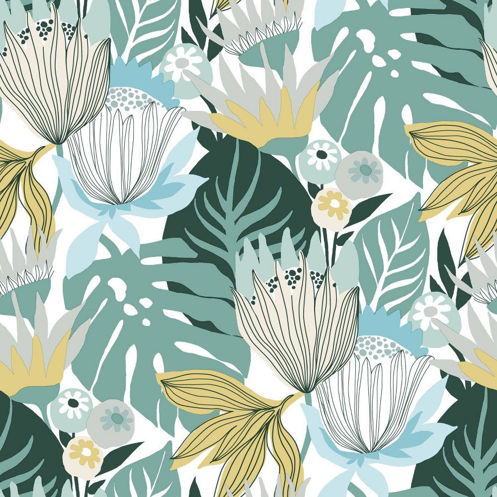 Photos - Wallpaper Roommates Retro Tropical Leaves Peel and Stick  Teal/Yellow 