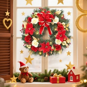 24 Inch Pre-Lit Holiday Wreath with Red Bow & Flowers for Home, Office, Apartment, Red & Green - 1 of 4