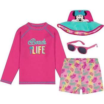 Minnie Mouse Girls 4-Piece Kids Set, Long Sleeves Rash Guard, Swim Shorts, Glasses & Bucket Hat - size 3T-7 years