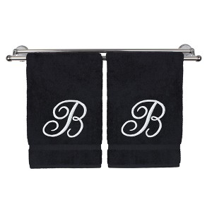 BC BARE COTTON Monogrammed Hand Towel, 100% Turkish Cotton - Set of 2 - Black - White Script - 1 of 4