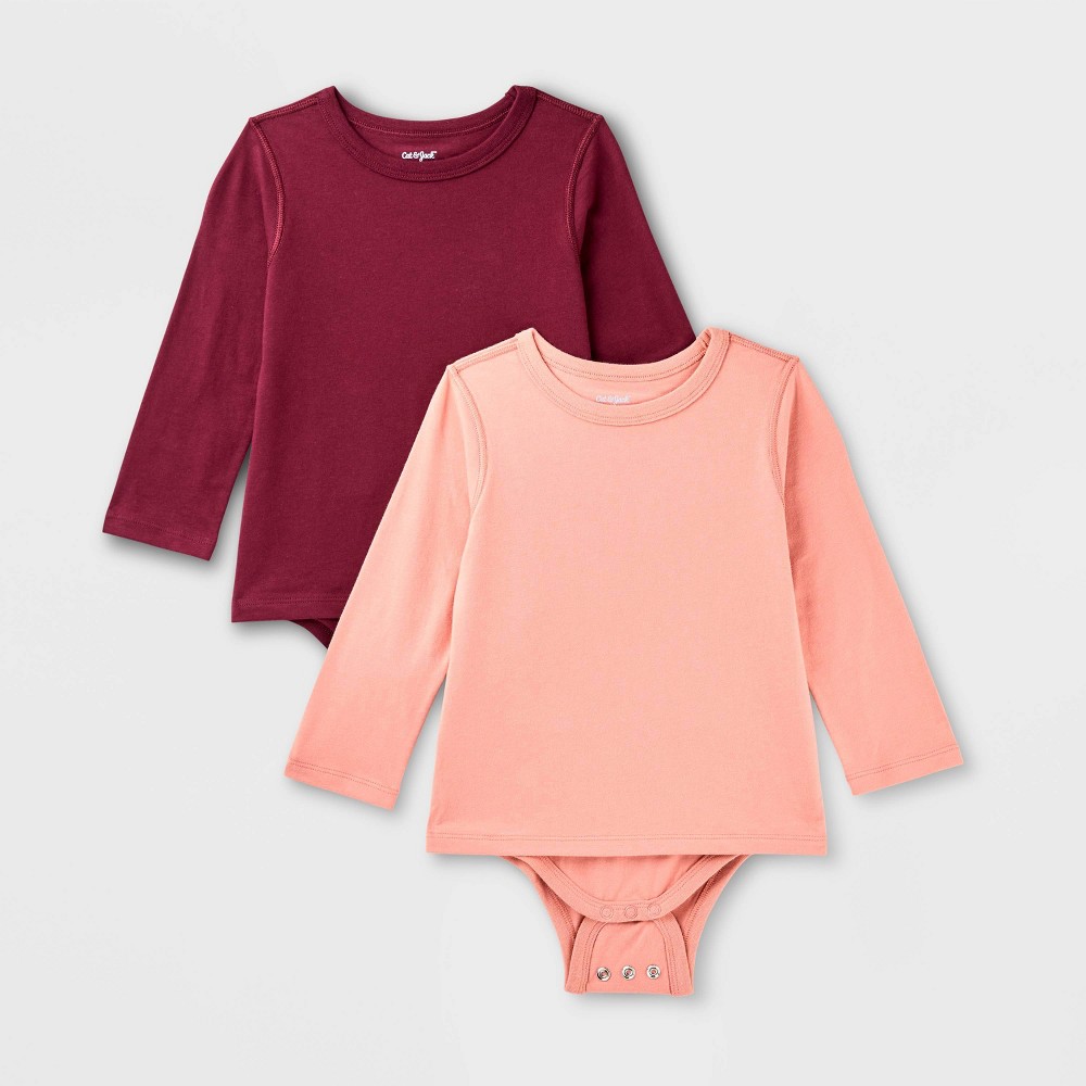 Toddlers' 2pk Adaptive Long Sleeve Bodysuit with Abdominal Access - Cat & Jack™ Burgundy/Coral Pink 4T