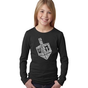 LA Pop Art Hanukkah Dreidel - Girl's Word Art Long Sleeve T-Shirt Black Large - 1 of 4