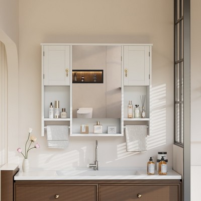 VECELO Bathroom Storage Cabinet with Mirror & Towel Rack, Wall Mounted Medicine Cabinet with Door & Open Shelves, White