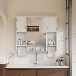 VECELO Bathroom Storage Cabinet with Mirror & Towel Rack, Wall Mounted Medicine Cabinet with Door & Open Shelves, White - 1 of 4