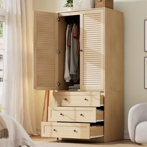 Armoire Wardrobe Closet Wooden Wardrobe Cabinet with 3 Drawers Hanging Rod 2 Doors Clothing Storage Cabinet Large Capacity Storage - 1 of 4