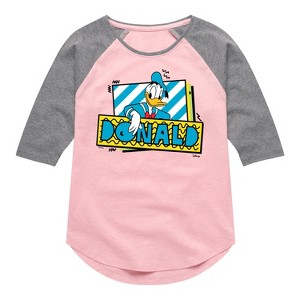 Girls' - Disney - Leaning Donald Duck With Nametag Shirt Tail Raglan Graphic T-shirt - 1 of 3