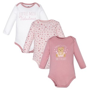 Hudson Baby Infant Girls Cotton Long-Sleeve Bodysuits 3-Pack, Sweetheart Teddy - 1 of 4