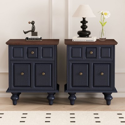 Vynxaria 20.47" Vintage Nightstand with 2 Drawers & Roman Column Legs - Elegant Dark Blue Design