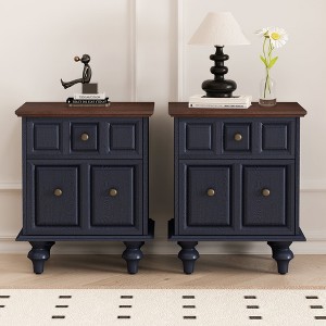Vynxaria 20.47" Vintage Nightstand with 2 Drawers & Roman Column Legs - Elegant Dark Blue Design - 1 of 4