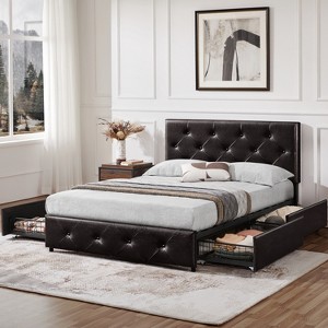 Yaheetech Upholstered Faux Leather Bed Frame with Adjustable Headboard - 1 of 4