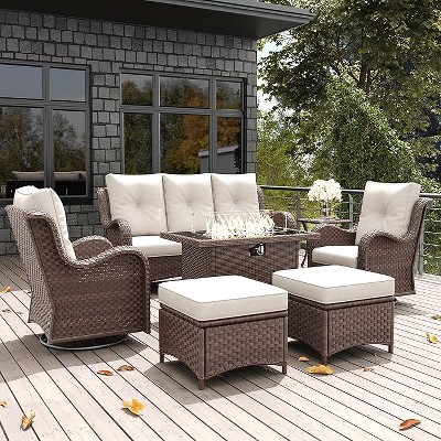 LayinSun Outdoor Patio Furniture Set, Brown Rattan Wicker Sectional Swivel Rocker Chairs Sets with Ottomans, Swivel Glider Chair