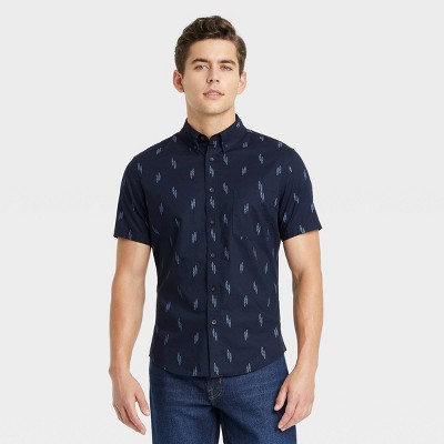 Men's Printed Slim Fit Stretch Poplin Short Sleeve Button-Down Shirt - Goodfellow & Co™ Blue Velvet S