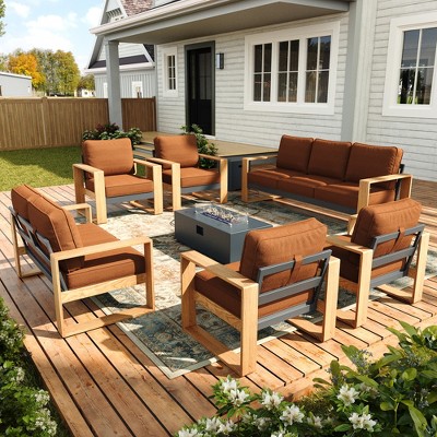 LayinSun Aluminum Patio Furniture Set with Fire Pit Table, Oversized Seat with Hight Back, Outdoor Conversation Sets