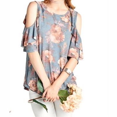 Women's Washed Floral Cold Shoulder Top - Oddi
