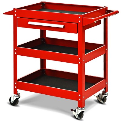Red Steel Three Tray Rolling Utility Cart with Drawer