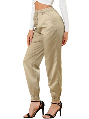 Allegra K Women's Drawstring Elastic High Rise Silky Solid Satin Pants  Brown X-Small