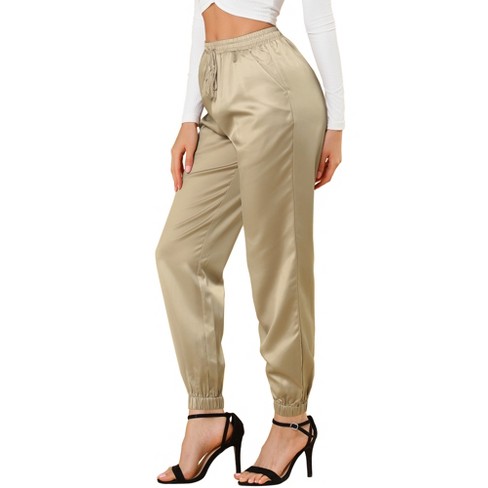 Allegra K Women's Drawstring Elastic Waist Ankle Length Satin Joggers With  Pocket Khaki X-small : Target