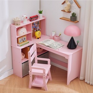 Kids Study Table and Chair Set, Kids Corner Desk with Open Storage, Pen Holders, Cloth Drawers & Cork Board for Boys and Girls Ages 3-8 - 1 of 4
