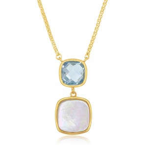 Simona Sterling Silver Double Square Blue Topaz and Mother of Pearl Necklace - Gold Plated - Blue - 16+2 Inch - 1 of 2