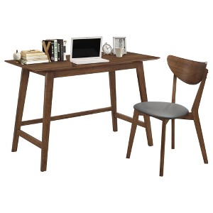 Vynxaria Retro-Inspired 2-Piece Writing Desk Set - Walnut Finish, Grey Leatherette Chair, Solid Hardwood, Low-Profile Aesthetic - 1 of 4