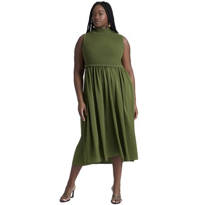 ELOQUII Elements Women's Plus Size Sleevless Mockneck Twofer Midi Dress
