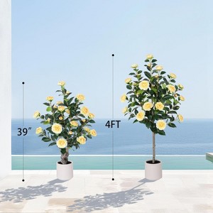 Wikineon 3.2 Ft Yellow Artificial Camellia Tree with White Pots - 39 inch Tall Fake Tree,Large Artificial Plants Indoor Outdoor,Front Home Door - 1 of 4