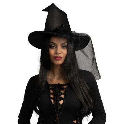 Joyfy Halloween Black Mesh Witch Hat, Wicked Hat with Lace Veils, Women Halloween Costume Accessory, Cosplay Parties