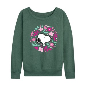 Women's - Peanuts - Snoopy Valentine Floral Circle Lightweight French Terry Wide Neck Long Sleeve Shirt - 1 of 4