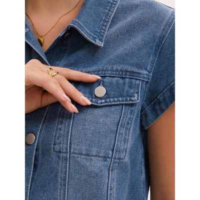 Женские куртки INSPIRE CHIC Women's Denim Cap Sleeve Button Down Turndown Collar Classic Cropped Jean Jackets Medium Blue — фото 5