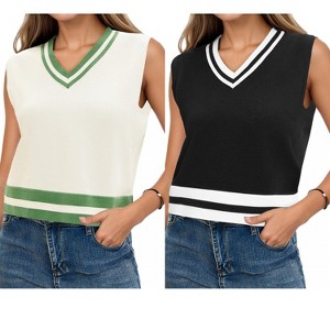 ATHLECHIC Women's Summer Knit Color Block Sleeveless V Neck Loose Fit Preppy Trendy Tank Tops 2 Packs - 1 of 4