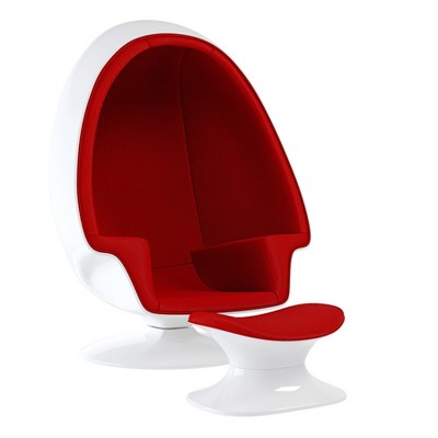 HomeRoots 38" White And Red Fiberglass And Wool Swivel Egg Chair With Ottoman