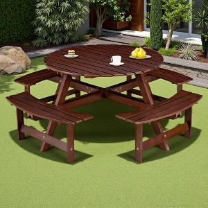 8-Person Outdoor Patio Wooden Round Picnic Table with 4 Built-in Benches and Umbrella Hole - 1 of 4