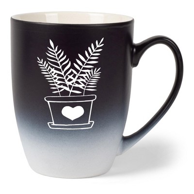Elanze Designs Botanical Foliage Nature Coffee Cup Mug 12 Ounce Ceramic With Ombre Gradient Elegant Minimalist Fern in Heart Planter Silhouette Black