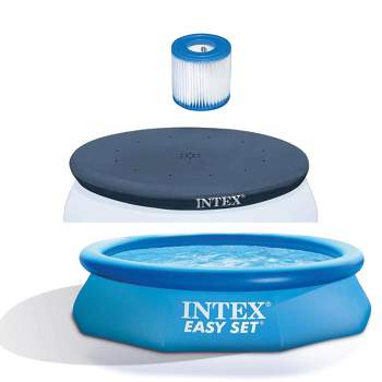 Intex Type H Easy Set Filter Cartridge Bundled with Pool Debris Vinyl Round Cover and Inflatable Above-Ground Kids Swimming Pool with Filter Pump