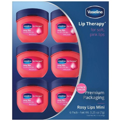 Vaseline Lip Therapy Rosy Lips Mini - Pure Petroleum Jelly, Advanced Moisture, Light Rose Fragrance, Sheer Tint, Pack of 6 (0.25 oz each)