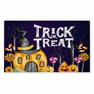 Stupell Industries Trick Or Treat Pumpkin House Printed Outdoor Door Mat, design by Kim Allen, 18"x30" - 1 of 4