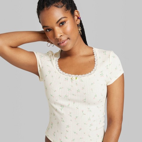 Women's Short Sleeve Pointelle Rosette T-shirt - Wild Fable™ Off-white  Floral S : Target
