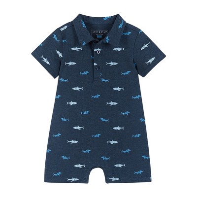 Image of Andy & Evan  Shark Print Infant Polo Romper. Blue, Size 3-6 Months.