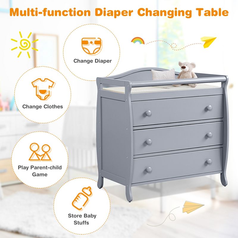 Costway 3 Drawer Baby Changing Table Infant Diaper Changing Station Wood with Safety Belt Brown/Grey/White, 5 of 11