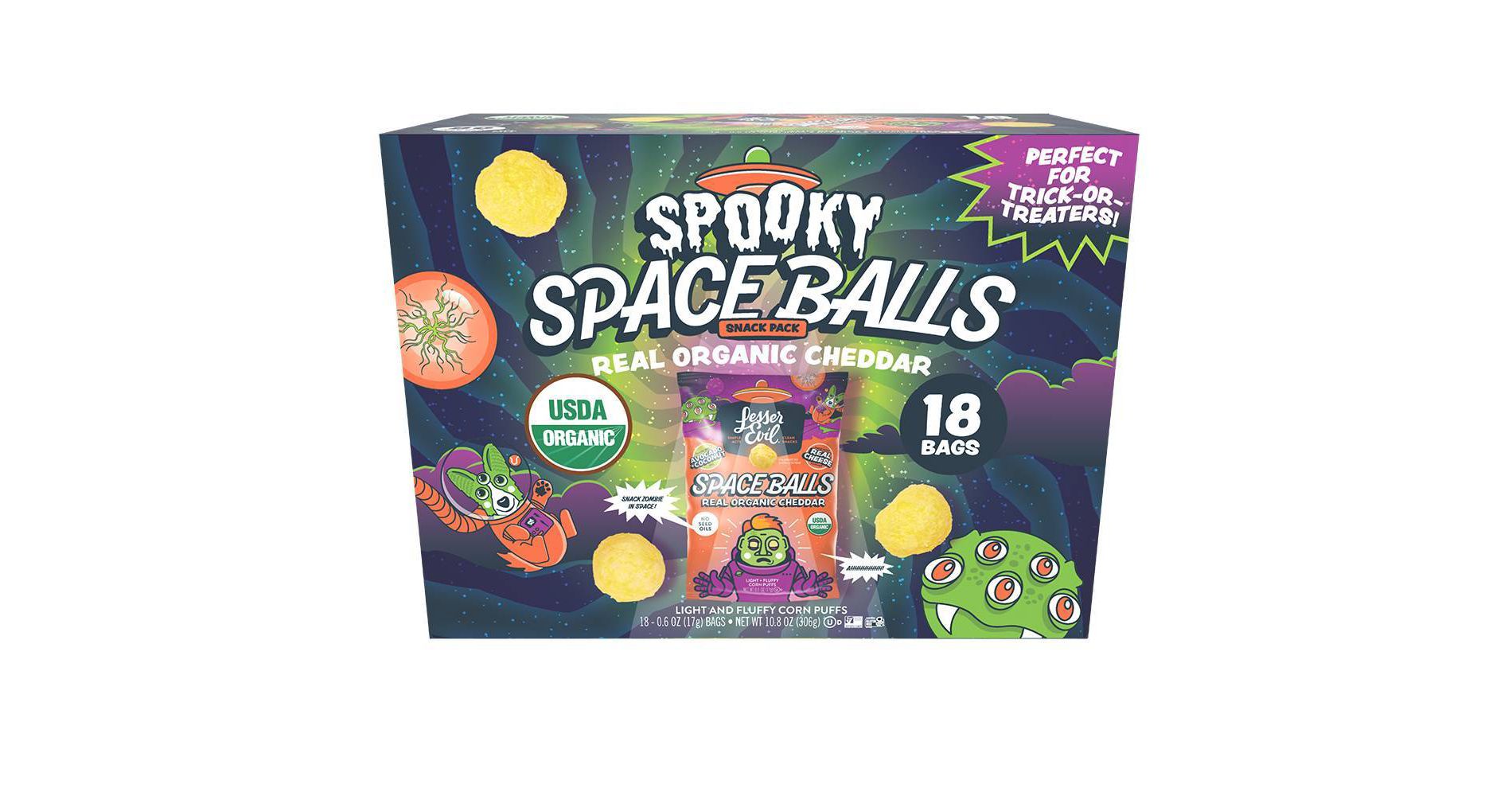 LesserEvil Halloween Himalayan Real Organic Spaceballs Cheddar Chips Snack - 10.8oz/18ct