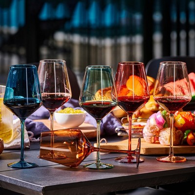 Set of 6 Multi-Colored Hand-Blown Crystal Wine Glasses