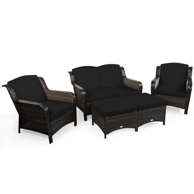 Tangkula 5 PCS Patio Rattan Sectional Sofa Set Outdoor Furniture Conversation Set Cushioned Loveseat Sofa Ottoman