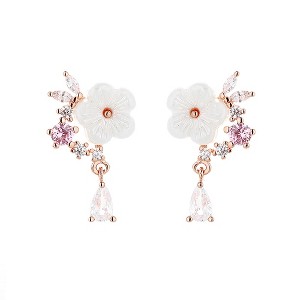 14K Rose Gold And Sterling Silver and Pink Cat's-Opal Eye Flower Drop Earrings - 1 of 4