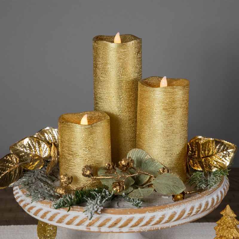 Northlight Set of 3 Brushed Golden LED Flameless Christmas Pillar Candles 8", 3 of 7