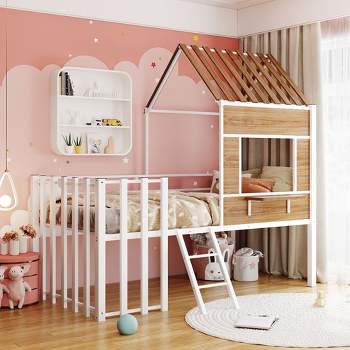 Metal Twin Size Loft Bed with Roof, Windows, Railing and Ladder, White - ModernLuxe