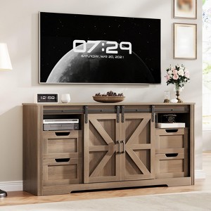 Modern TV Stand For TVs Up To 70'', 66" Entertainment Center with 4 Drawers & Sliding Barn Door, Wooden Media Console Table for Living Room Bedroom - 1 of 4