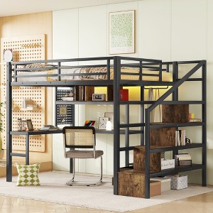 Full Size Loft Bed with LED Lights & Charging Station, Metal Loft Bed Frame with Desk, Wardrobe and Stairs - ModernLuxe - 1 of 4